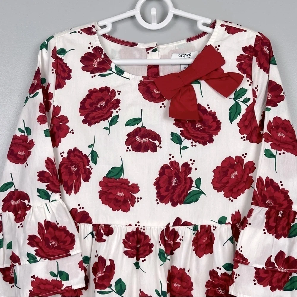 NWT Crown & Ivy kids white red floral 100% cotton bell sleeve dress, size 10.